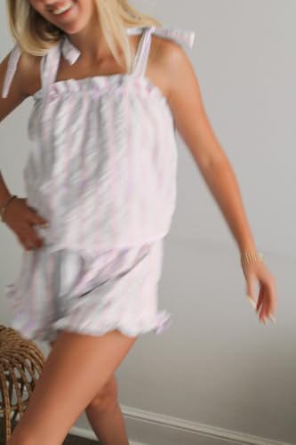 Women 2 Piece Pajama Set Tie Shoulder Peplum Cami Top Ruffle Coquette Pj Set Floral Babydoll 2 Piece Shorts Outfit3