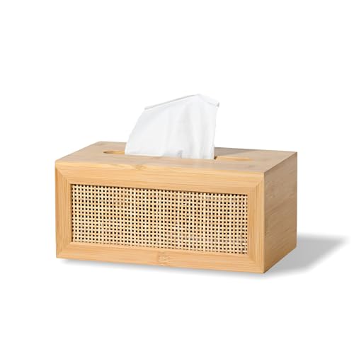 ABBI NIMO Large Rectangular Bamboo Tissue Box Cover, Natural Rattan Tissue Holder with Magnets for Bathroom, Living Room, Bedroom, or Office, Supportive Spring Lifter Included