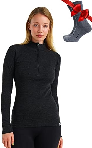 Merino Wool Base Layer Women Long Sleeve Half Zip Shirt (Large, 250 Charcoal Grey)