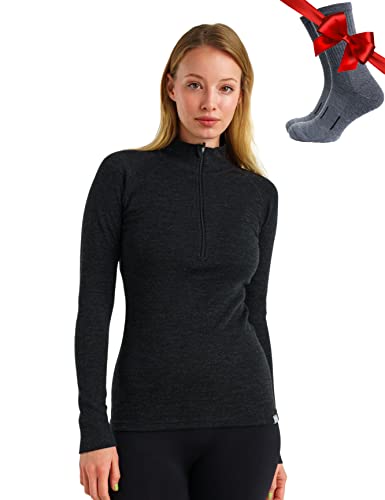 Merino Wool Base Layer Women Long Sleeve Half Zip Shirt (Large, 250 Charcoal Grey) #TOP4