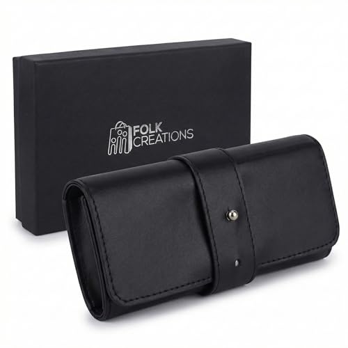 Folk Creations Watch Roll for 4 Watches, Vegan Leather Watch Travel Case & Watch Organizer for Travel, Timeless Watch Storage Box for Men, BLACK