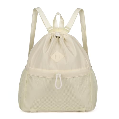ALUSBELL Drawstring Backpack for Women, Water-Resistant String Backpack, Lightweight Gym Bag with Yoga Mat Strap Beige