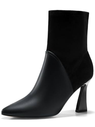Women's Pointed Toe High Heel Ankle Boots Patent Faux Leather Suede Splicing Slip On Fashion Booties Black Size 8