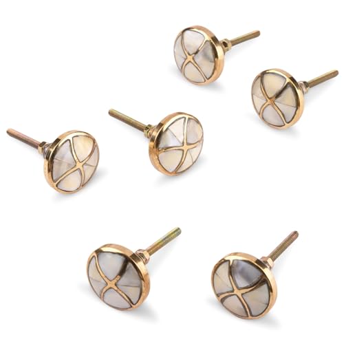 Perilla Home Vintage Brass Cabinet Knobs, Set of 6 - Mother of Pearl, Decorative, Polished Brass, 1.41 inches x 0.98 inches, for Kitchen, Bathroom, Wardrobe, Drawer, Cupboard