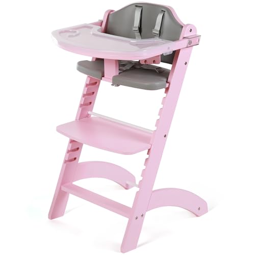 Image of Cowiewie New Upgrade 3-in-1 Convertible Wooden High Chair for Babies & Toddlers 10 Levels Adjustable 3-Tier Remove 2 Waterproof Cozy Cushions Pink