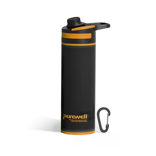Purewell Press-Filter Flasche 500ml - Trinkflasche mit Druck-Filtersystem für sofort reines Wasser Filtert 99.99% Bakterien, Viren, Schwermetall 10.000L Kapazität Ideal für Outdoor, Camping, Wandern