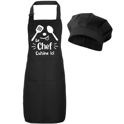 Halinuia Tablier et Chapeau de Chef, Réglables Personnalisé pour la Cuisine et la Pâtisserie avec Poche, pour Filles et Garçons (Le Chef Cuisine ici)