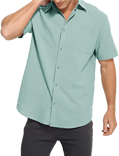 Tureface Cotton Linen Shirt For Men Short Sleeve Button Front Relaxed Fit Collared Casual Shirts Light Blue #TOP2