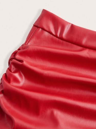 Women's Basic Mini Skirt Ruched Lace & PU Leather Red Skirt3