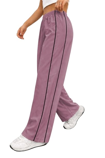 Image of Women Casual Loose Fit Track Pants High Waist Elastic Waistband Straight Wide Leg Trousers with Side Piping, Gym Yoga Running Athletic Sweatpants Comfortable