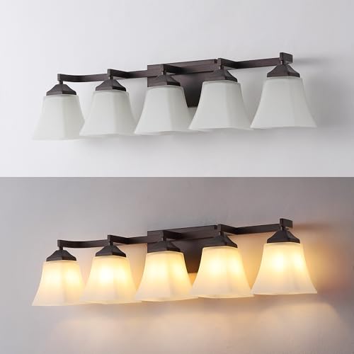 Image of JONATHAN Y 32.5 inch Oil Rubbed Bronze White 5-Light Metal Glass Rectangular Vanity Light Wall Sconce Traditional Transitional for Bathroom with Frosted Glass Shade Damp Rated LED Bulbs Included JYL7622A
