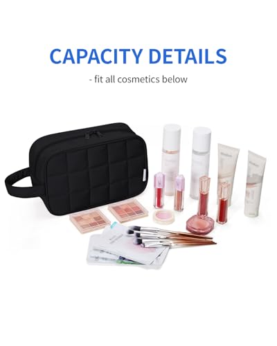 Image of Narwey Quilted Makeup Bag Puffy Make up Bag Cosmetic Bag Organizer, Puffer Travel Toiletry Bag for Traveling Women Girl, Travel Bag for Toiletries, Skincare Medicine Bags (Black)