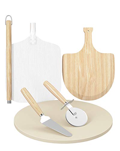 SHINESTAR 16â€™â€™ Pizza Stone and Peel Set, Metal & Wood Pizza Peel, Pizza Cutter & Server Included, Pizza Making Kit for Grill, Oven, 5-Piece Complete Set
