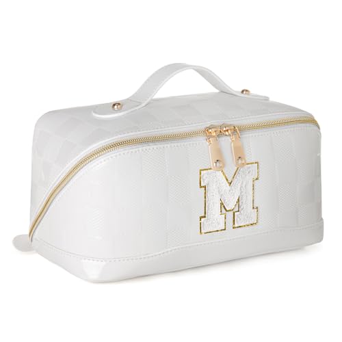 Initial Makeup Bag Large Capacity Travel Cosmetic Bag for Women PU Leather Open Flat Toiletry Bag with Handle and Divider Personalized Gifts for Women (Cream White M)