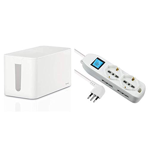 HAMA Scatola portacaviCABLE BOX MINI, bianco & Electraline 62001 Multipresa 6 Posti 2 Schuko e 4 Bivalenti 10/16A, Cavo HO5 VV-F, Spina 16A, Bianco, 1.5 M