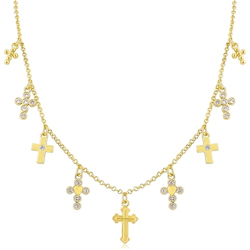Gold Cross Charm Necklace for Women 14K Gold Plated Vintage Dainty Cross Pendant Necklace with Cubic...