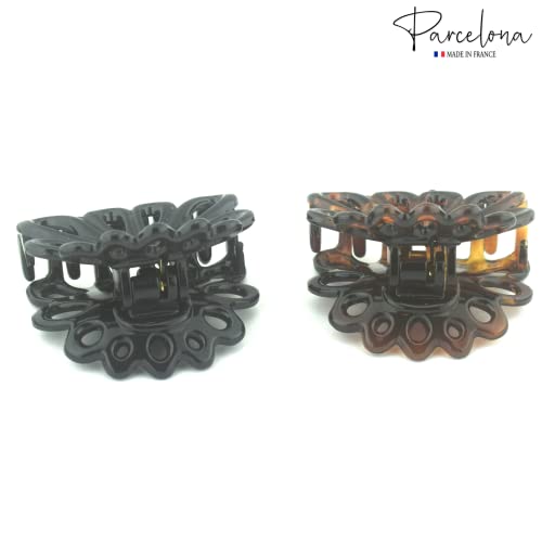 Parcelona French PLUME Pequeña Pinza para el Cabello de Celuloide Carey Marrón y Negra Set de 2 - 5 cm miniatura 5