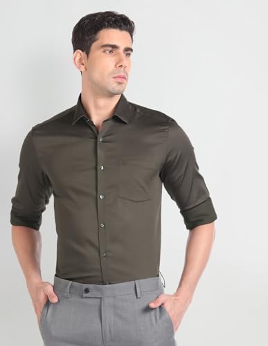Image of Arrow Men Slim fit Cotton Solid Long Sleeves Cutaway Collar Shirt