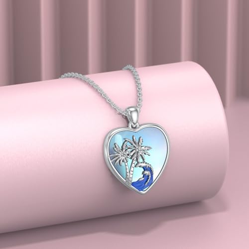Moonstone Palm Tree Necklace for Women 925 Sterling Silver Ocean Wave Heart Pendant Moonstone Heart Necklace Jewelry Gift for Daughter2