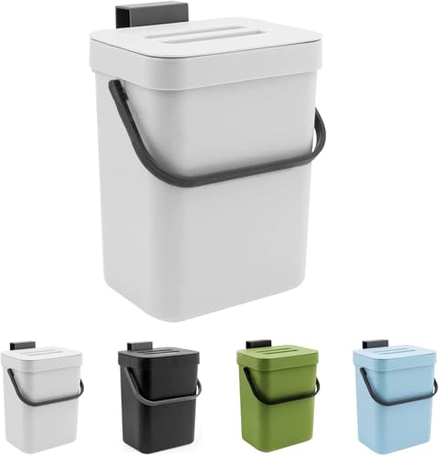MSYU Cubo de basura pequeño de cocina con tapa, 5 litros, para colgar debajo del fregadero, cesta de basura de plástico para encimera de cocina, dormitorio, baño, oficina, camping, color blanco