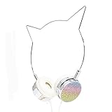 Kitty Cat Ear Headphones - Wire Frame Headset with Volume Control and Microphone - Silver & Rainbow