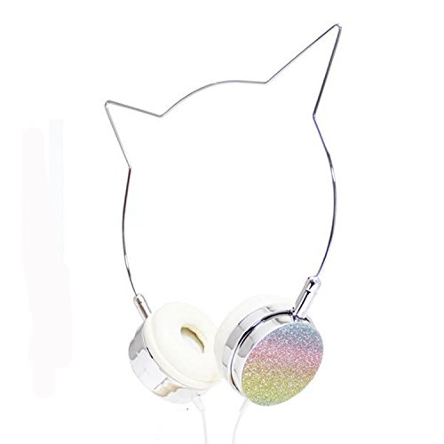 Kitty Cat Ear Headphones - Wire Frame Headset with Volume Control and Microphone - Silver & Rainbow