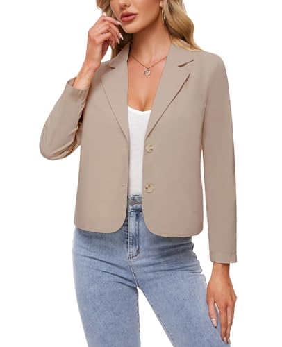 MINTLIMIT Womens Linen Blazers Casual Summer Long Sleeve Button Front Blazer Classic Lapel Collar Work Office Cardigan Suit Jacket,Khaki,S4