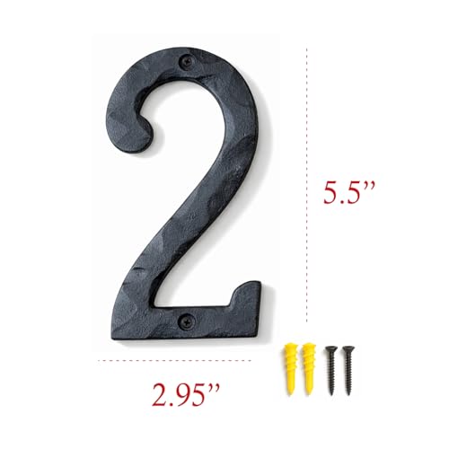 Image of NACH House Numbers for Outside, 5.5 inch Black Address Numbers for House - Number 2 - Rustic Numbers for Outside with Mounting Hardware