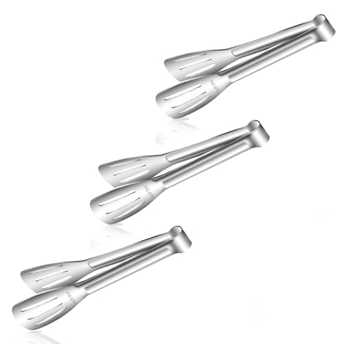 Stainless Steel Kitchen Tong Set - Anti-Slip Heat-Resistant Grip, Widened 3-Line Slotted Heads for Easy Clamping (Steaks, BBQ, Pasta, Salads), Easy Clean for Versatile Use Set of 3-6", Silver