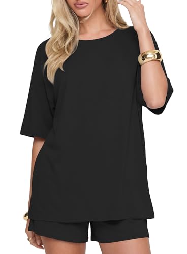 Image of Darong Women's 2 Piece Shorts Set Loungewear | oversized tshirts,crew neck top,drawstring shorts,elastic waist, side pockets,summer travel outfits