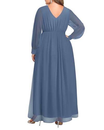 Image of Pinup Fashion Women Plus Size Formal Dresses - Long Sleeve Evening Gown Applique Chiffon Maxi Dress