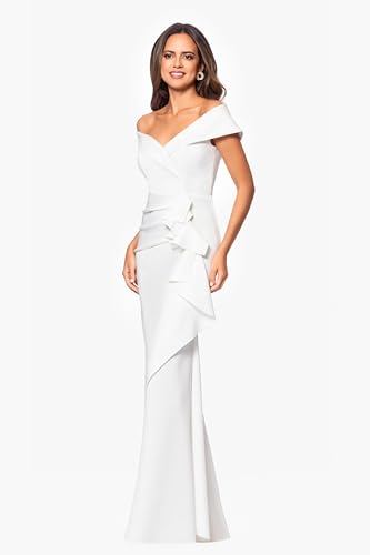 Xscape Women's Long Off Shoulder Sweetheart Neck Side Ruffle Gown, Ivory, 62