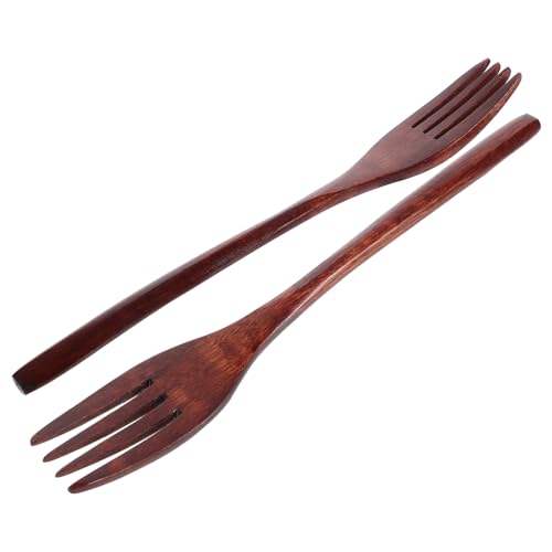 BESTYASH 2Pcs Long Handle Wooden Fork Natural Wood Cookware Forks for Mixing Serving Elegant Design for Salad Dessert for Home Professional Use