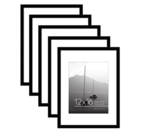 Americanflat 12x16 Picture Frame with Polished Plexiglass - Set of 5 - Use as 8.5x11 Frame with Mat or Display 12x16 Photo Without Mat - Galleria Collection - Picture Frames for Wall Display - Black