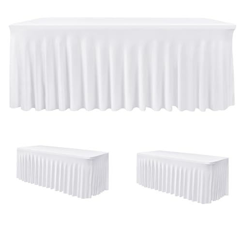 Image of HolidayIdeas White 4ft Spandex Tablecloth 2 Pack Fitted Stretch Rectangluar Table Skirts 24x48 Inch, Wrinkle-Free Floor Length Polyester Table Cover for Weddings Parties Banquets Events
