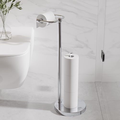Image of RARXTR Toilet Paper Holder Stand, Post Pivoting Design Free Standing Toilet Paper Holder with Storage for 4 Rolls, SUS304 Stainless Steel Tissue Holder with Reserve, Heavy-Duty Base (Chrome)