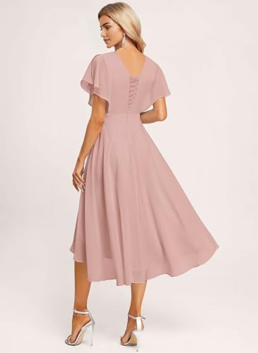 SNOWROSE Short Bridesmaid Dresses for Women V Neck Ruched Chiffon Formal Dress Wedding Party Gowns with Ruffled Sleeve3