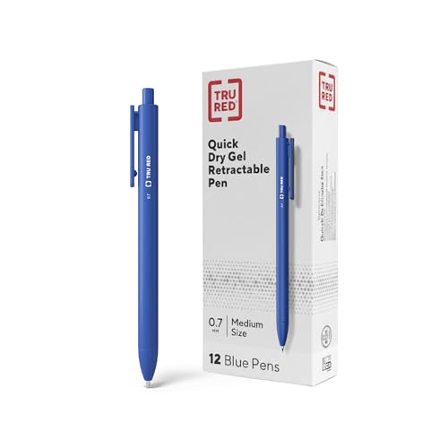 Image of Staples TRU RED Retractable Gel Pens, Medium Point 0.7mm, Blue Ink, 12 Pack - Quick-Dry Pens for Smooth, Smear-Free Writing