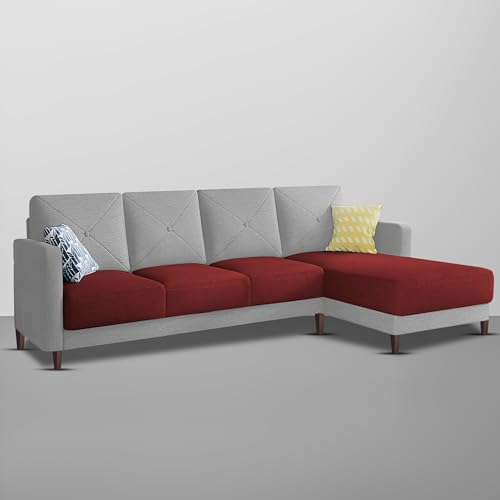Image of Baloney RHS 6 Seater L Shape Sofa Set for Living Room (Maroon Grey Fabric) Premium Fabric Sofa