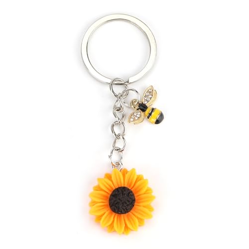 MUCOOS Cute Sunflower Keychain Sunflower and Cute Bee Key Chain Charm Keychain for Women Sunflower Gift Birthday Gift for Mom Daughter Friend Handbag Charm