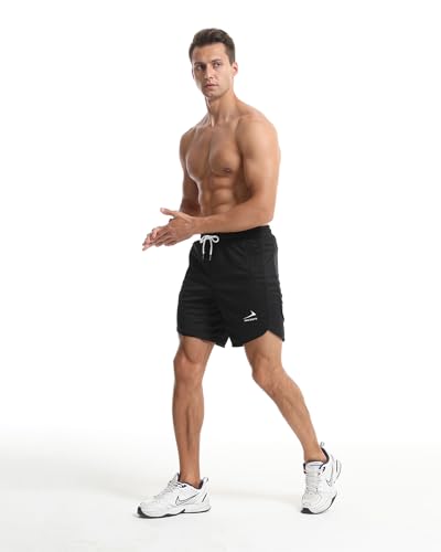 Men's Sports Shorts Running Gym Training Shorts with Zipper Pockets Black/with Towel Loop M - Image 6