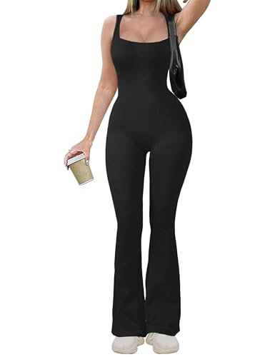 BANETTETA Black Jumpsuit for Women Plus Size Flare Legs Bell Bottom, Long Pants Romper Short Sleeve Square Neck 2024 Fall (Black Short Sleeves, XL)