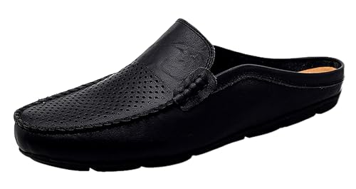 Image of Go Tour Mens Mules Clog Slippers Breathable Leather Slip on Shoes Casual Loafers Black Punched 11/47