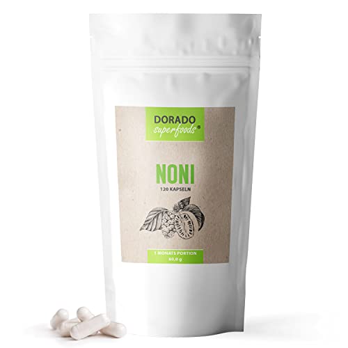 Noni - Morinda citrifolia | 120 Kapseln - 1600 mg Tagesdosis, hochdosiert - vegan | 1 Monatspackung - frei von Zusätzen Vegi | Dorado Superfoods® Cover
