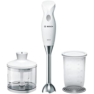 Bosch Mixxo MSM6B500 – Batidora de mano, 350 W, cúpula de acero inoxidable, con picador y vaso de mezclas, color blanco y gris