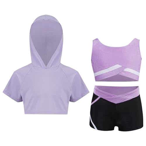 Yruioon Ensemble De Sport Pour Filles Enfants Survêtement Sweat À Capuche Crop Top Sportif Short Tenue De Jogging Tenue Yoga Gym Streetwear 5-16 Ans Violet clair 11-12 ans