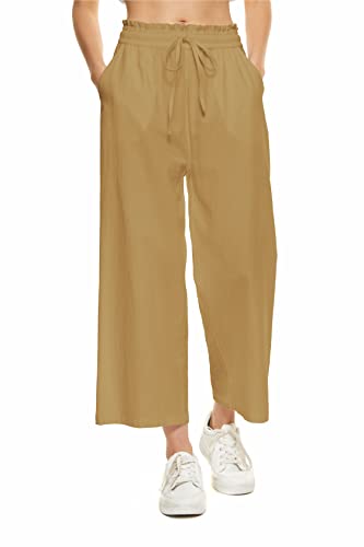 Lnx Linen Pants For Women Wide Leg High Waisted Drawstring Flowy Beach Pants With Pockets (X-Large, Yellow) #TOP16