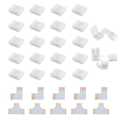 HstiaLving 30 Pièces Connecteurs Ruban LED, Connecteur de Ruban LED 4 Broches 10 mm Connecteurs de Bande LED Connecteurs en L/T Accessoires Pratiques Et...