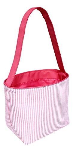 SONA G DESIGNS Pink Seersucker Stripe Fabric Easter Basket Bucket Tote Bag - Egg Collecting