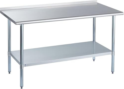 Image of ROCKPOINT Stainless Steel Table for Prep & Work with Backsplash 30x60 Inches, NSF Metal Commercial Kitchen Heavy Duty Table with Adjustable Under Shelf and Table Foot for Restaurant, Home and Hotel